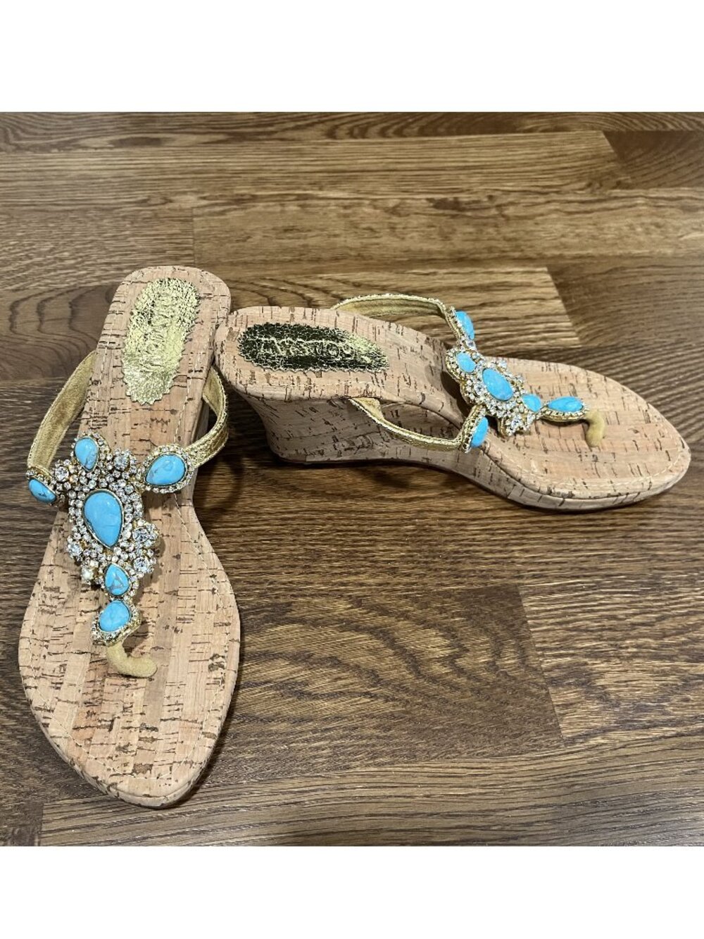 NEW without box - MYSTIQUE Rhinestone Turquoise Leather Wedge Sandals, Size 10